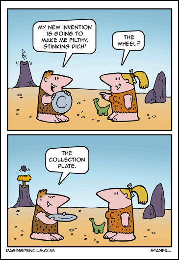 The comic about the invention of the collection plate.