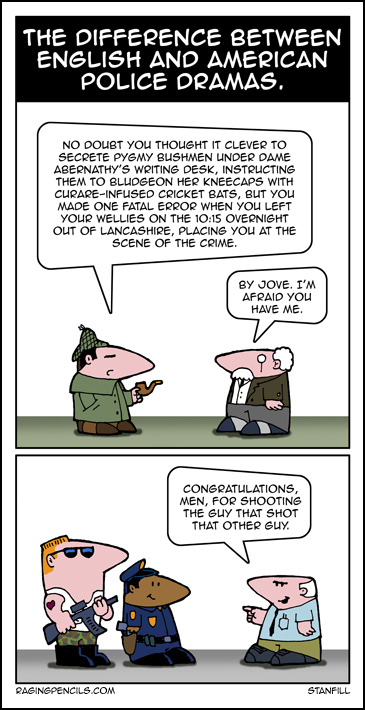 The progressive cartoon about the difference in English and American crime dramas.