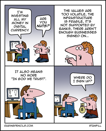 The progressive cartoon about digital currency and in god we trust.