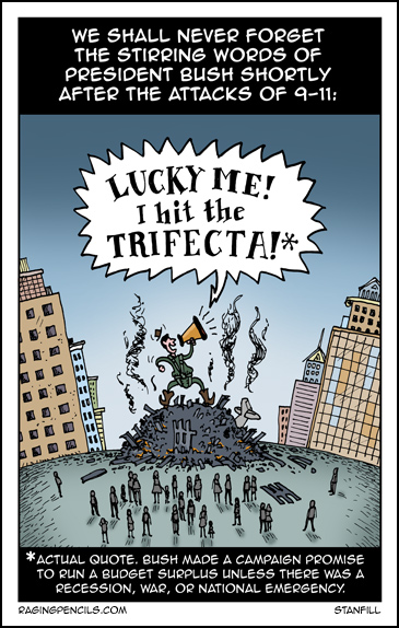 The progressive comic about Bush laughing about winning the 9/11 trifecta.