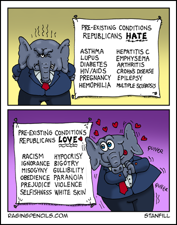 Progressive comic about Republicans and pre-existing conditions.