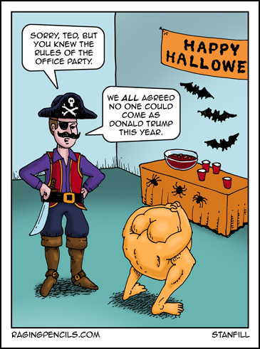 Progressive comic about a Trump costume at a Halloween party.