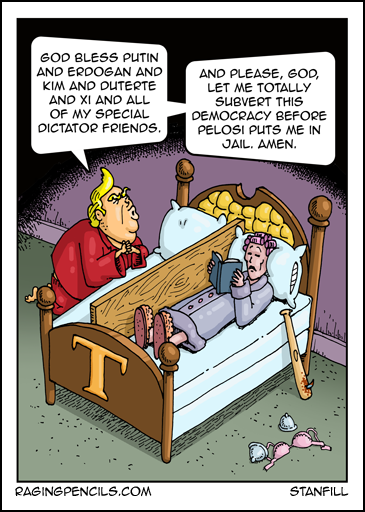 Progressive comic about Trump  praying he doesn't go to jail.