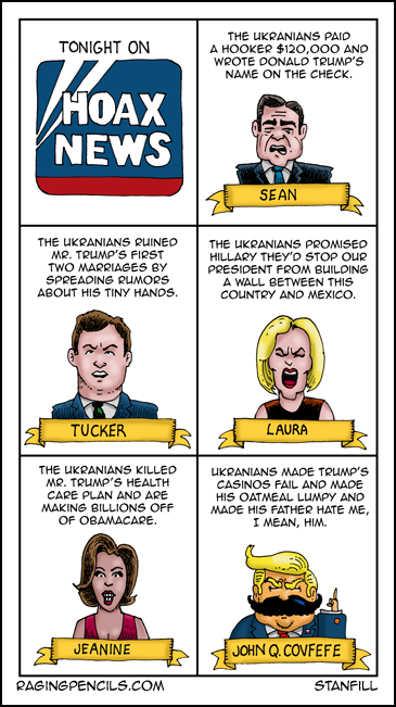 Progressive comic about Fox News blaming Ukraine for Trump's crimes.