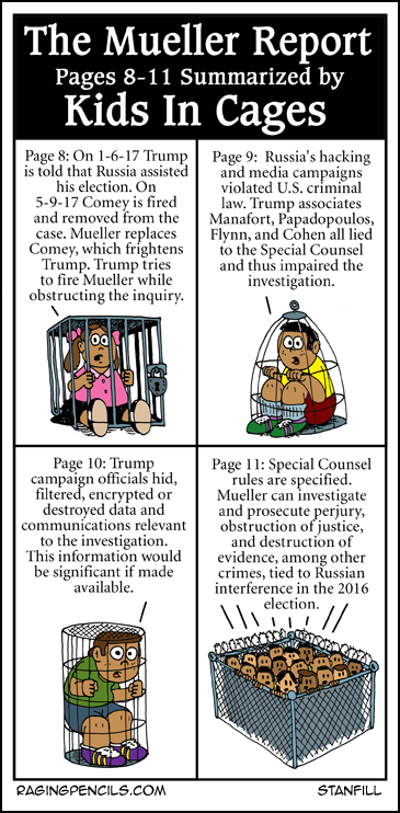 Progressive comic about the Mueller Report summarized by kids in cages, pages 8-11.