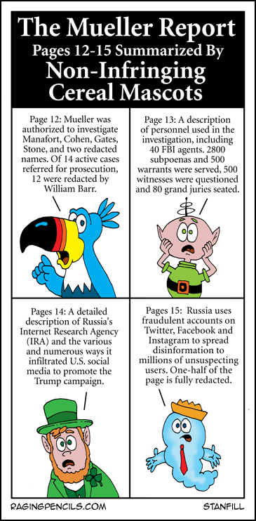 Progressive comic about the Mueller Report summarized by breakfast cereal mascots, pages 12-15.