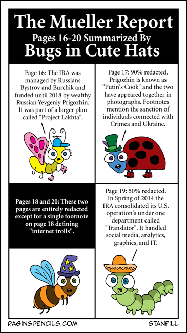 Progressive comic about the Mueller Report summarized by bugs in cute hats, pages 16-20.