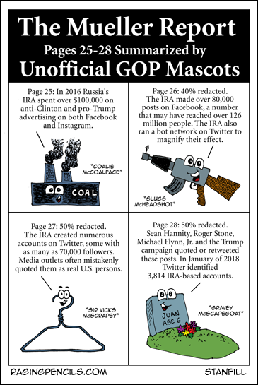 Progressive comic about the Mueller Report summarized by unofficial GOP mascots, pages 25-28.