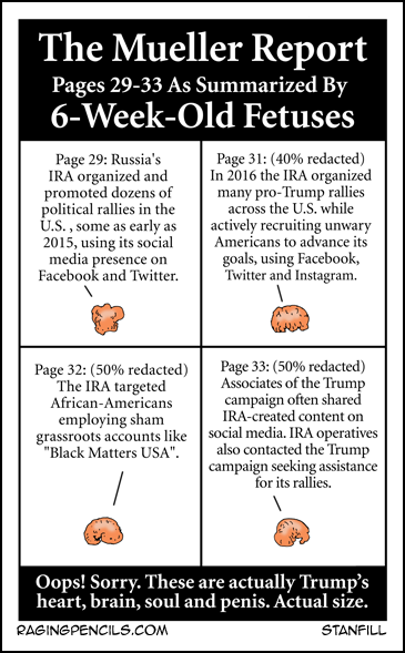 Progressive comic about the Mueller Report summarized by 6-week-old fetuses, pages 29-33.