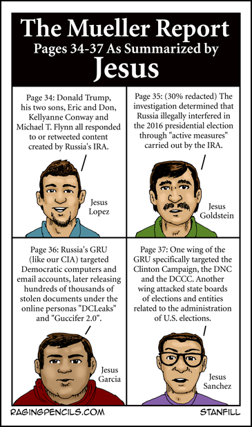 Progressive comic about the Mueller Report summarized by Jesus, pages 34-37.