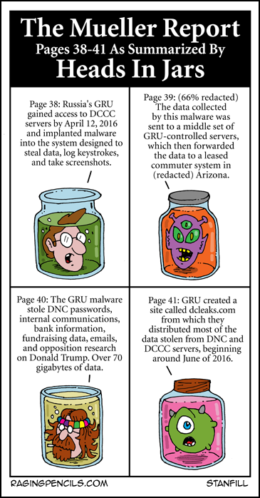 Progressive comic about the Mueller Report summarized by Heads in jars, pages 38-41.