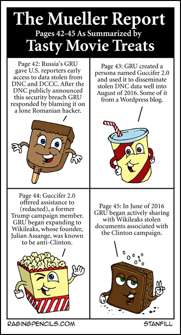 Progressive comic about the Mueller Report summarized by Tasty Movie Treats, pages 42-45.