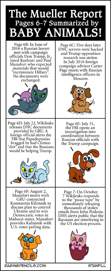 Progressive comic about the Mueller Report summarized by puppies and kittens.