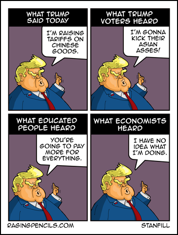 Progressive comic about Trump raising tariffs on Chinese goods again.