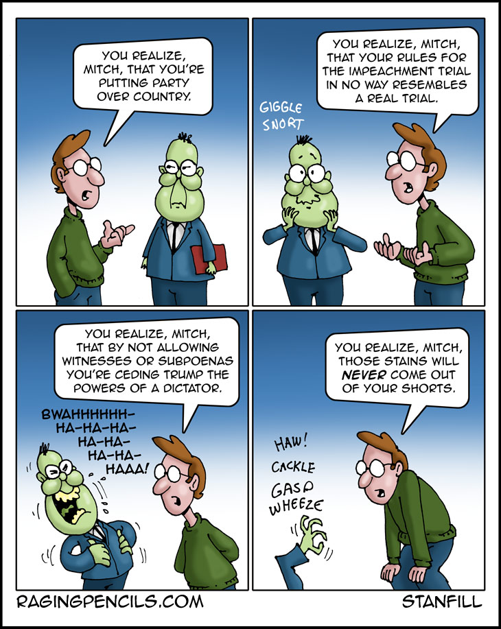Progressive comic about Mitch McConnell's treasonous impeachment trial rules.