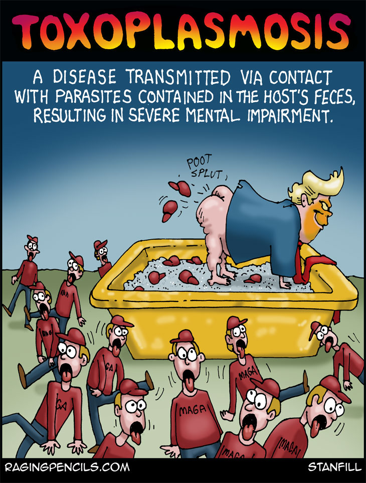 The progressive editorial cartoon about toxoplasmosis and Trump.
