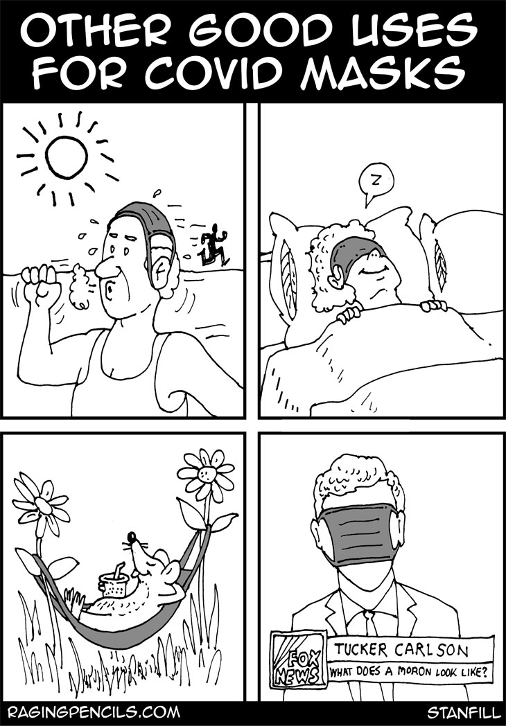 The progressive editorial cartoon about other uses for covid-19 masks.