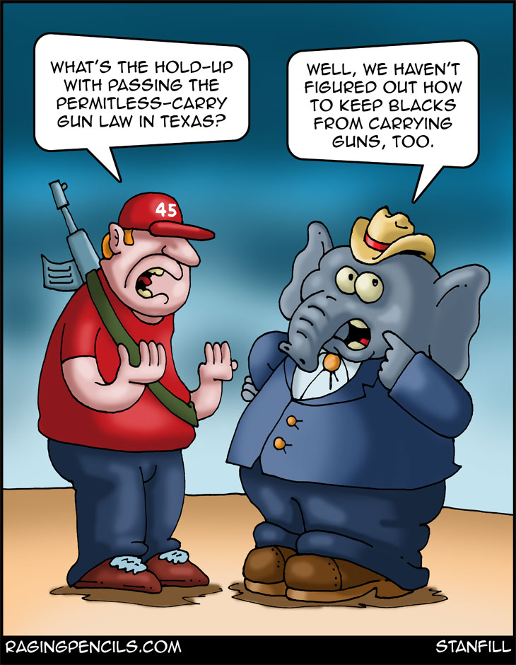 The progressive editorial cartoon about permitless gun carry in Texas.