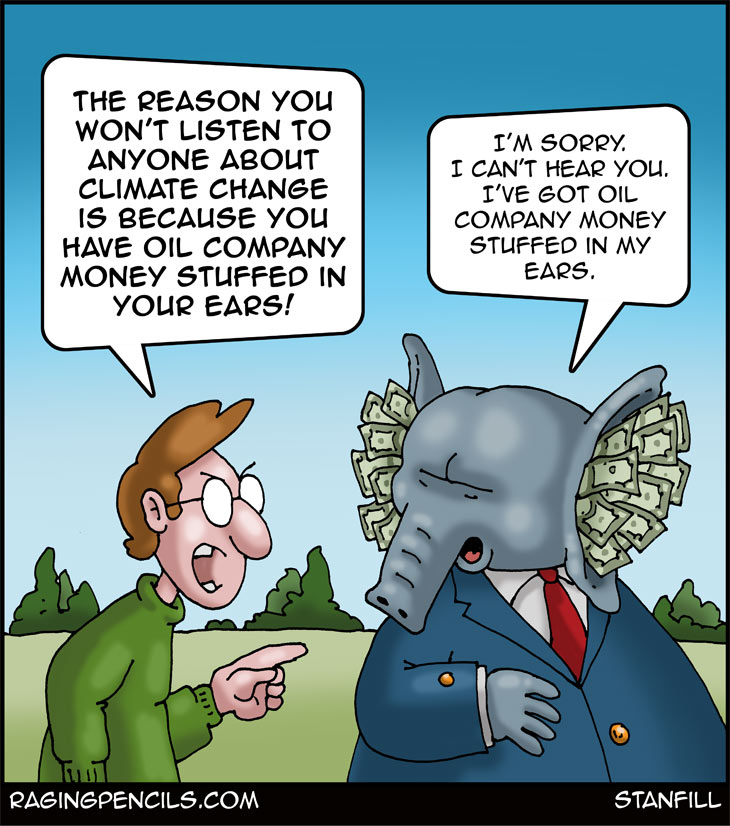 The progressive editorial cartoon about Republican denial of climate change.