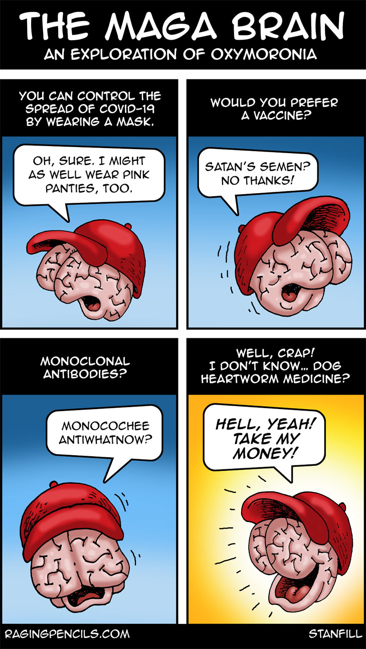 The progressive editorial cartoon about the maga brain and anti-vaxxers.