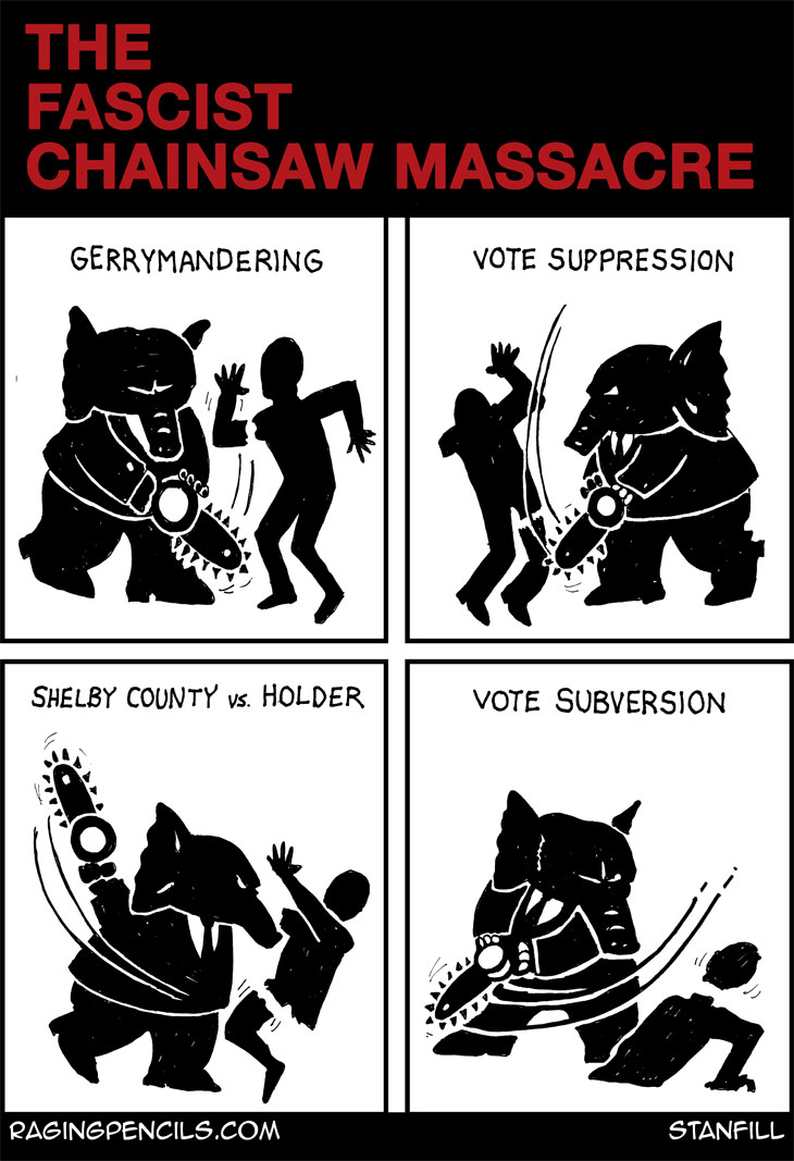 The progressive editorial cartoon about Republican vote suppression and subversion.