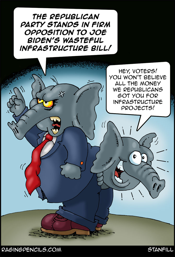 The progressive editorial cartoon about GOP infrastructure lies.