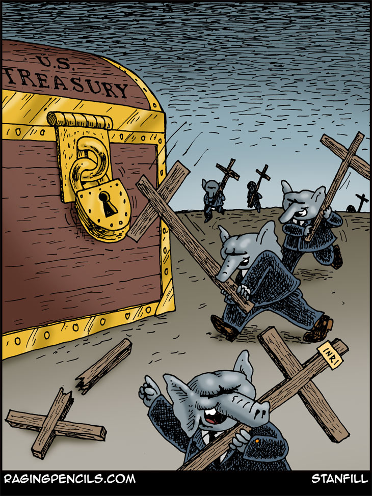 The progressive editorial cartoon about Republicans using religion to plunder the Treasury.