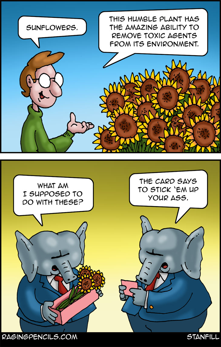 The progressive editorial cartoon about how to eliminate Republicans using sunflowers.