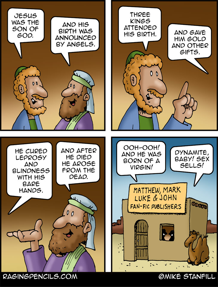 The progressive editorial cartoon about the veracity of the bible.