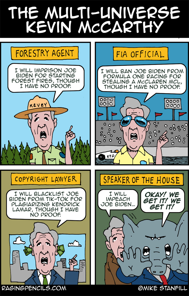 The progressive editorial cartoon about the multi-universe Kevin McCarthy.