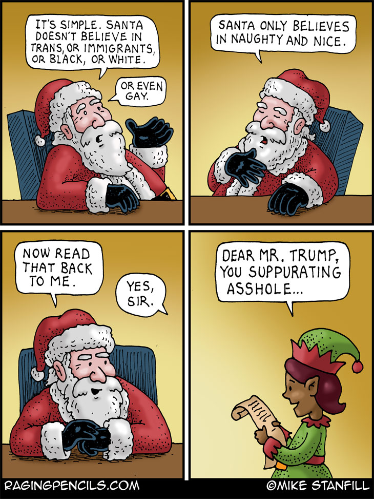 The progressive comic about Santa spelling ut what he believes.
