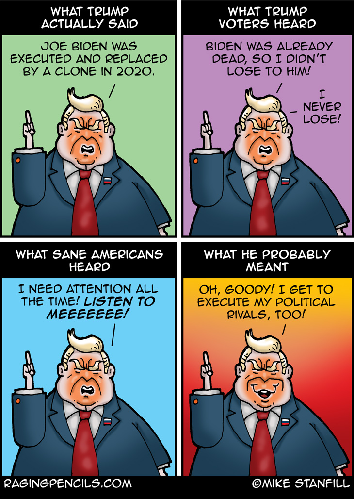 The progressive comic about Trump claiming Biden is a clone.