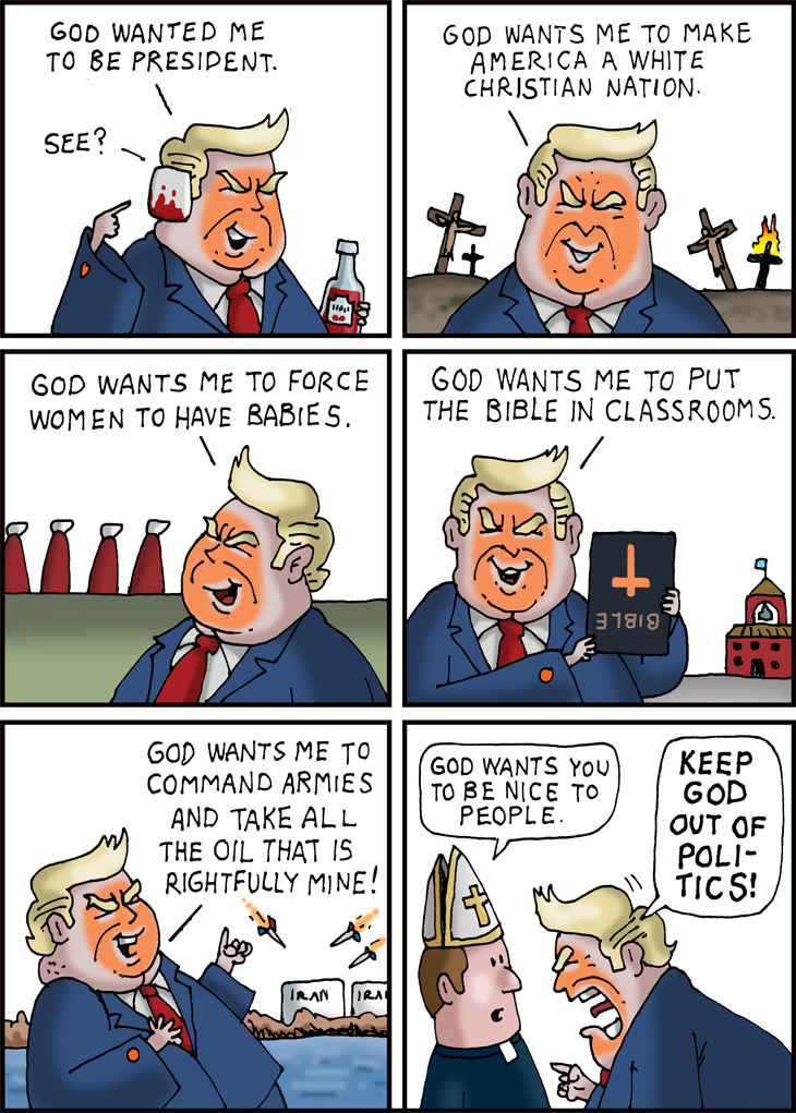 The progressive comic about Trump continually invoking the name of god.