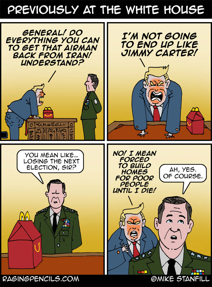 The progressive comic about Trump and the rescue of the U.S. airman.